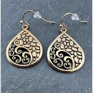 Gold Tone Teardrop Earrings with Filigree and Pebble Stone Details